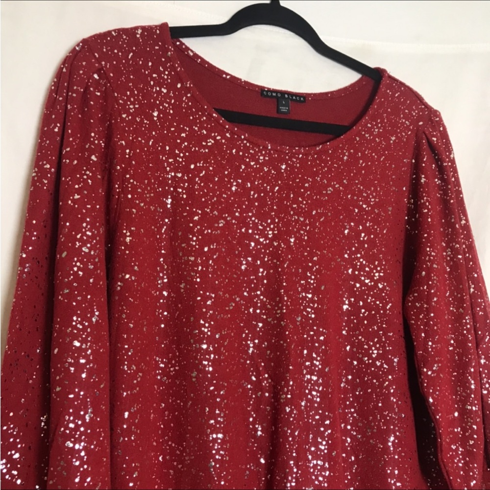 Como Black Womens Red Gold Speckled Bishop Sleeve Sweater Size L Holiday Office - Picture 3 of 9